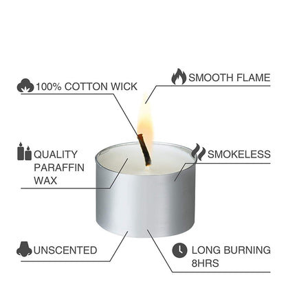 Tealight Candles 100% Pure Wax, Unscented, Long Burning Tealight, 9 Hours Burn time, White Unscented Tea Light Candles (Pack of 100)