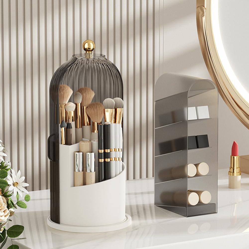 Makeup Brush Holder with Lid, 360 Rotating Sliding Opening Cosmetic Tools Organizer, Waterproof Dustproof Makeup Brush Organizer for Vanity Desktop Bathroom Countertop(COLOR:White And Black)