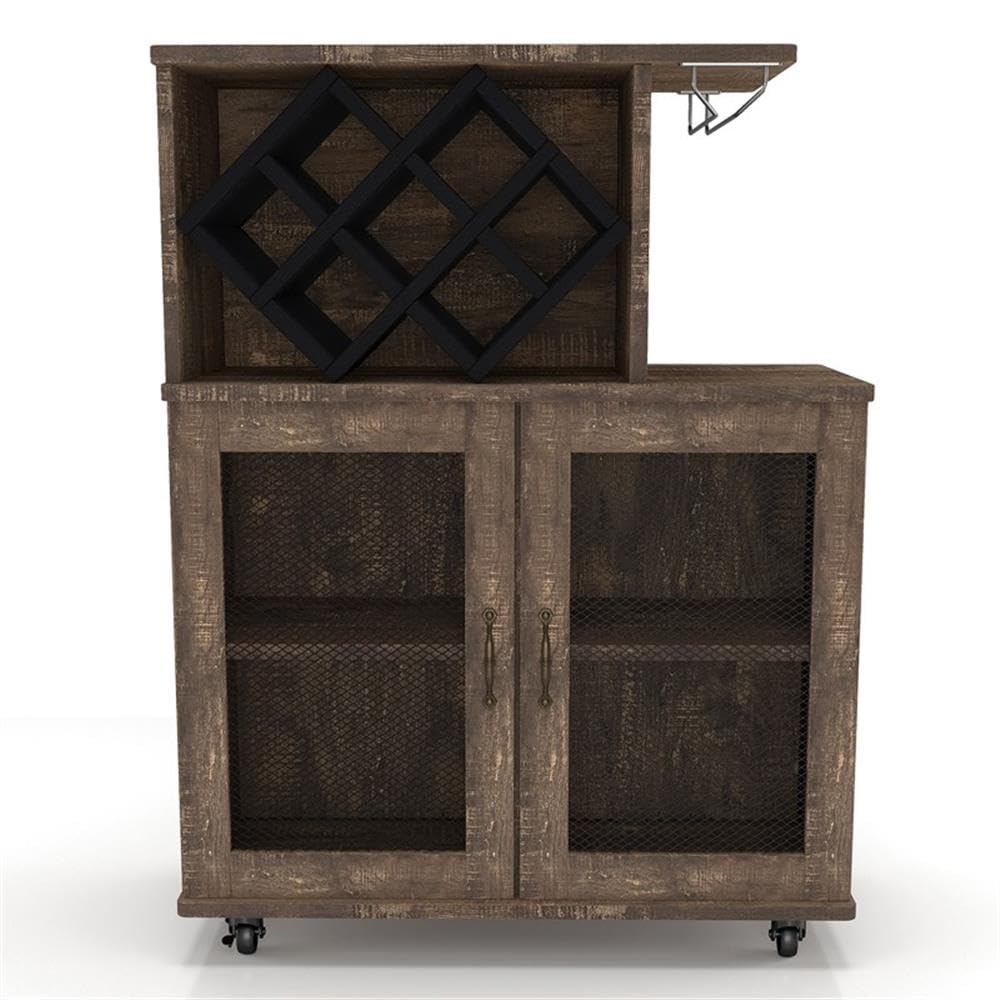 BOWERY HILL 4-Shelf Transitional Wood Mini Bar, Reclaimed Oak Finish, MDF and Particle Board, 15.7" W x 31.5" D x 41.3" H, Mobile Caster Wheels, Built-in Wine Bottle Slots, Glassware Rack, Adjustable