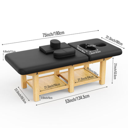 Wood Wide Stationary Massage Table for Treatment Table Physical Therapy Table Spa Facial Bed, PU Leather 31.5'' Wide 75'' Long Heavy Duty Professional Stationary Massage Bed - Black, 6-Legged