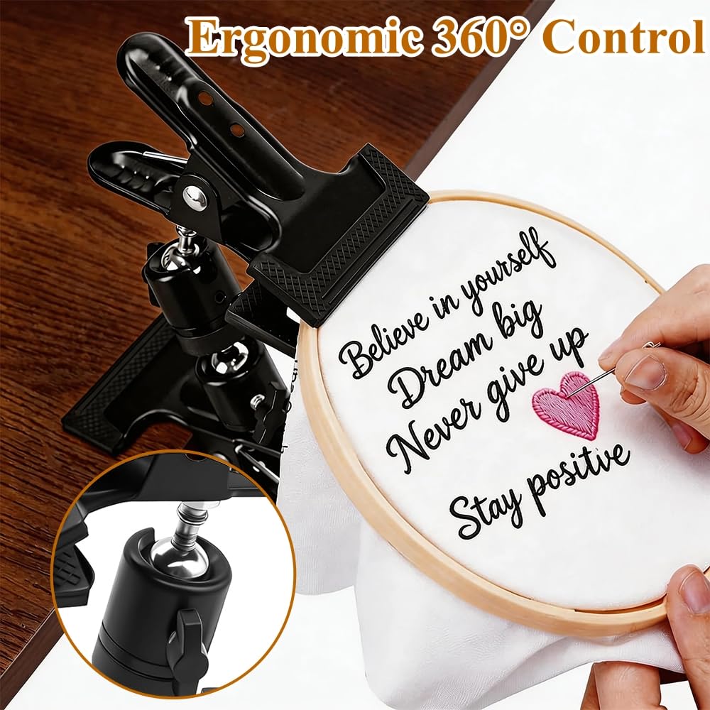 PXIRQ Embroidery Hoop Stand Hands-Free: 360° Rotation Adjustable Table Metal Clamp for Cross Stitch, Needlepoint, Punch Needle & DIY Crafts – Compatible with Most Sizes/ Shapes of Embroidery Hoops