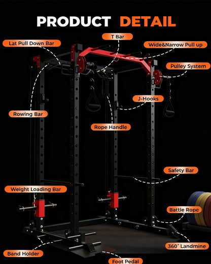 GarveeLife Power Cage, All-in-1 Home Gym with LAT Pulldown & Cable System, 2000LBS Squat Rack for Home & Garage & Apartment Use, Workout Cage with More Attachments (Orange