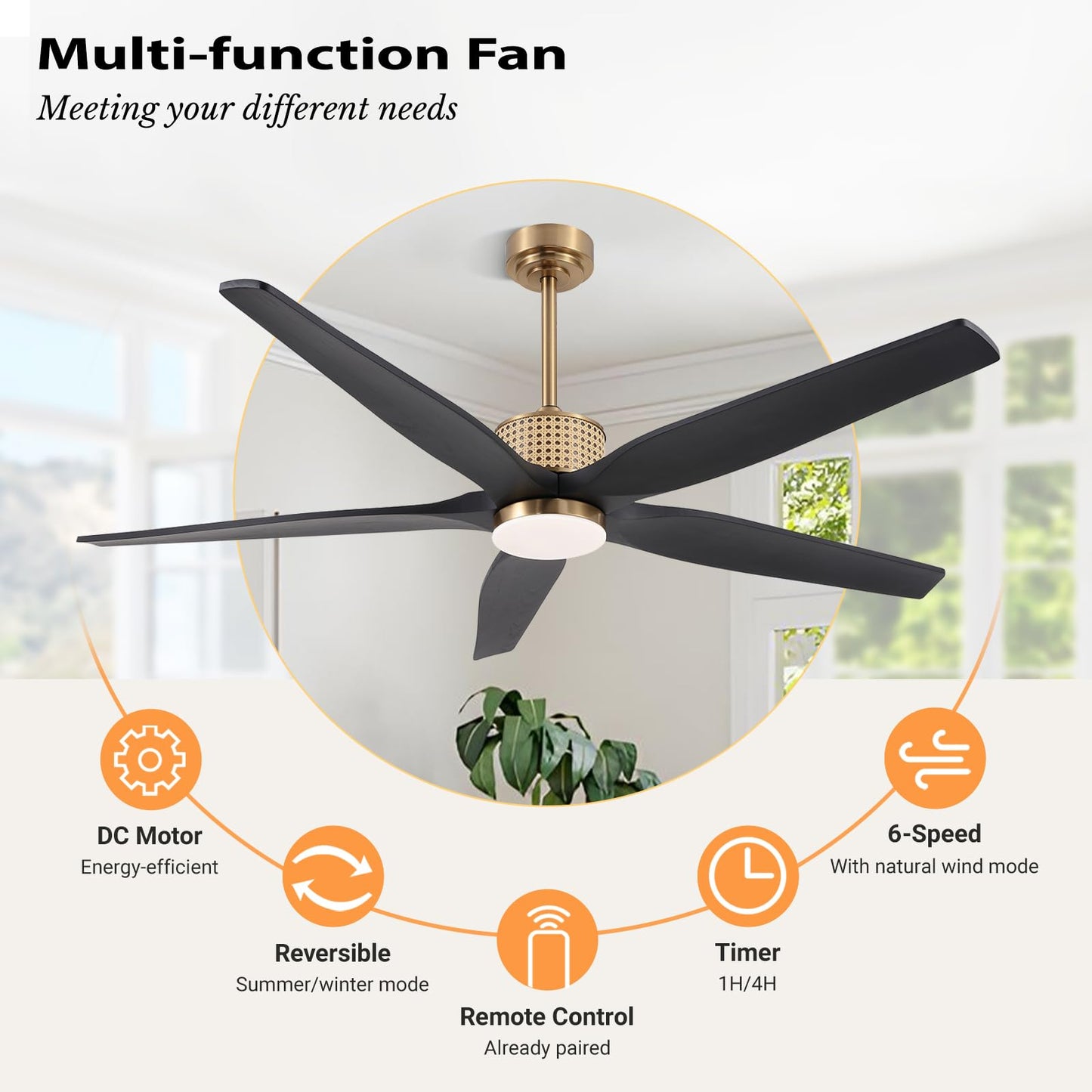 LEDLUX 60" Ceiling Fan with Light – Remote Control, Solid Wood, 6-Speed, Quiet Reversible DC Motor, Black/Gold Finish, 4.5"/12" Downrods, Noiseless Large Ceiling Fan for Bedroom, Living Room, Porch