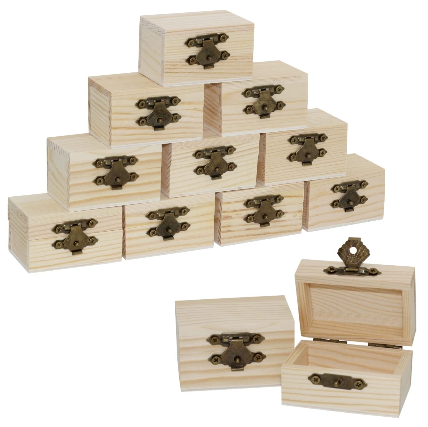Creative Hobbies 12-Pack Mini Wooden Treasure Boxes with Locking Clasp - Unfinished Wood Treasure Chest for Party Favors, DIY Projects, Home Decor, Props, 2.3 x 1.5 x 1.5 Inches