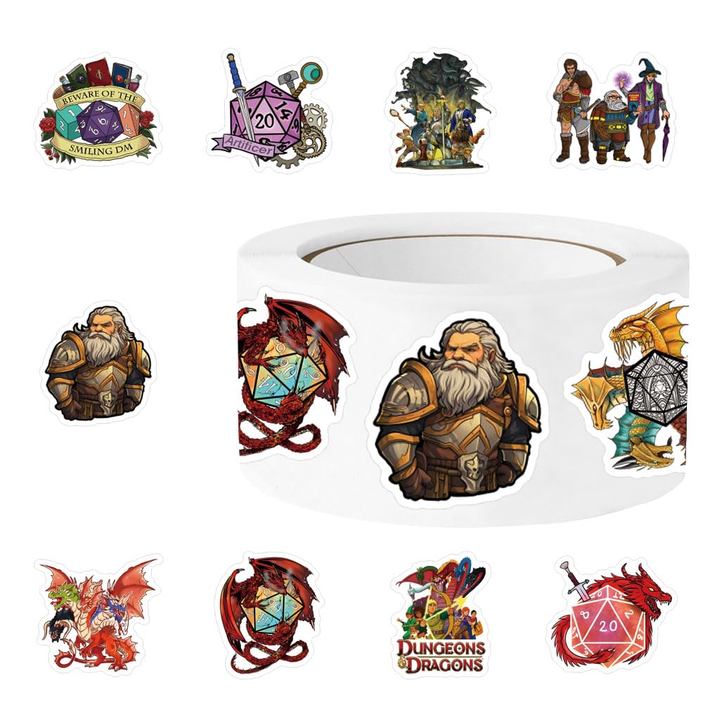1000pcs Stickers, D&D Classic Game 1.5 Inch Labels with 16 Patterns Decal Rolls Self Adhesive Seals for Party Decor for Water Bottle Laptop Scrapbook Card Envelope