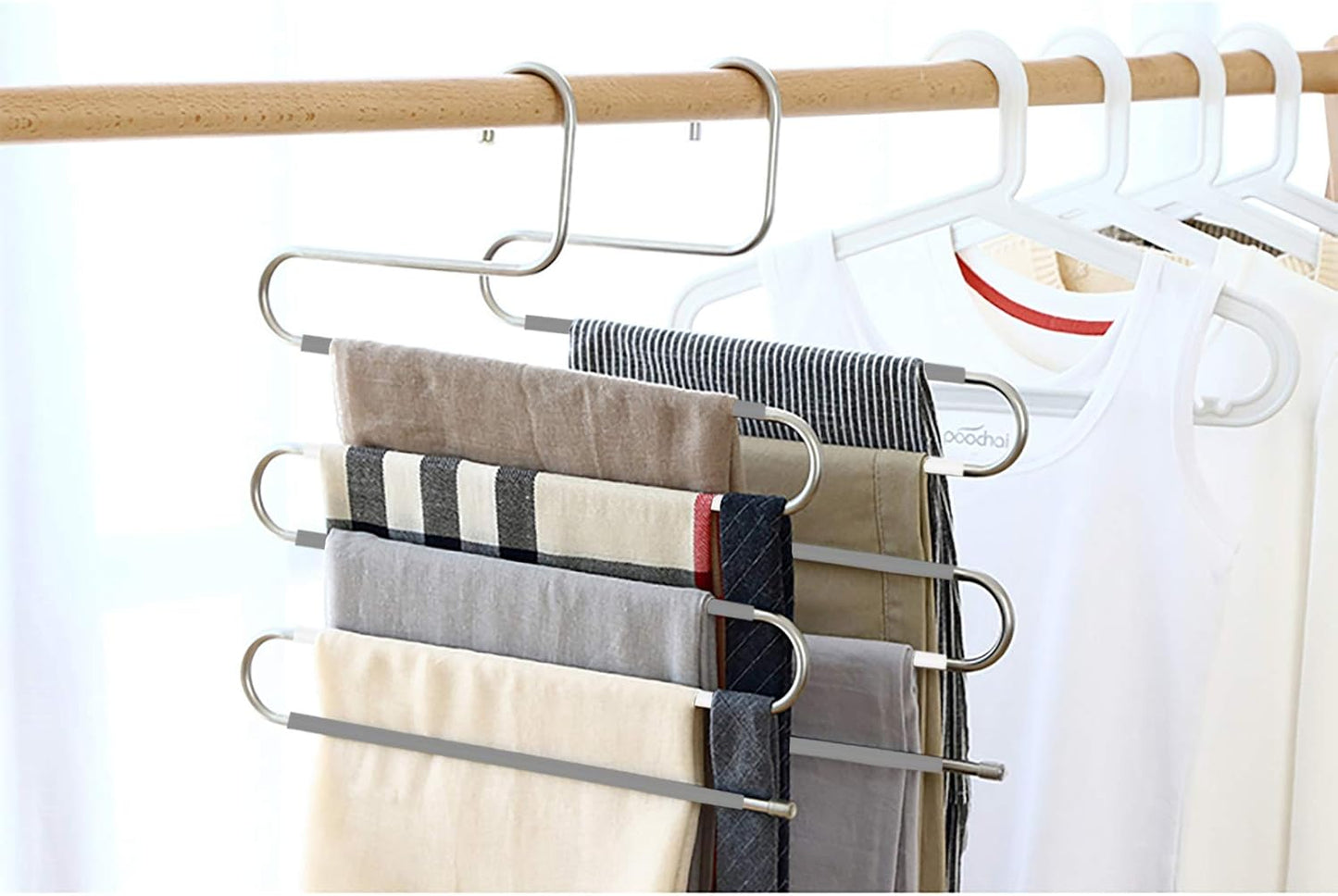 devesanter 6 Pack Non-Slip S-Shape Pants Hangers, Stainless Steel Closet Storage Organizer for Trousers, Jeans, Scarf -