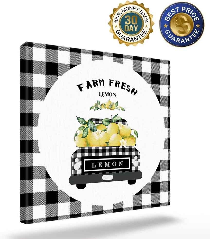 Canvas Wall Art - Black Grey Buffalo Plaid Farm Truck Carry Lemons, Rustic Farmhouse Style Decor, 16'' x 16'' Framed