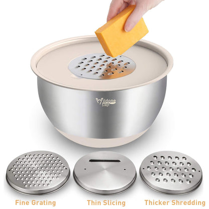 Wildone Mixing Bowls with Airtight Lids Set, 5PCS Stainless Steel Khaki Nesting Bowls for Kitchen, with Grater Attachments & Non-Slip Bottoms, Size 5, 3, 2, 1.5, 0.63 QT, Great for Mixing & Serving