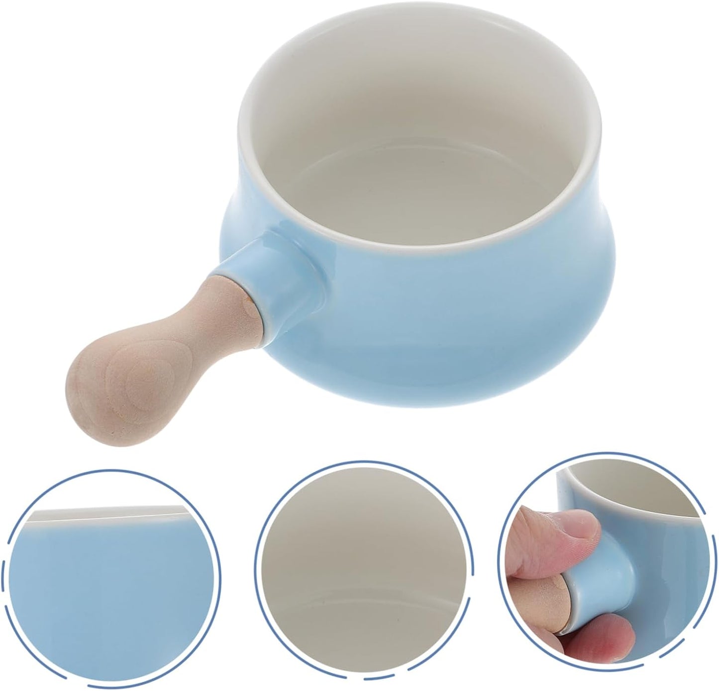 Cabilock Fashion Ceramic Soup Bowl with Wood Handle, Capacity Breakfast and Noodle Bowl for Home Use