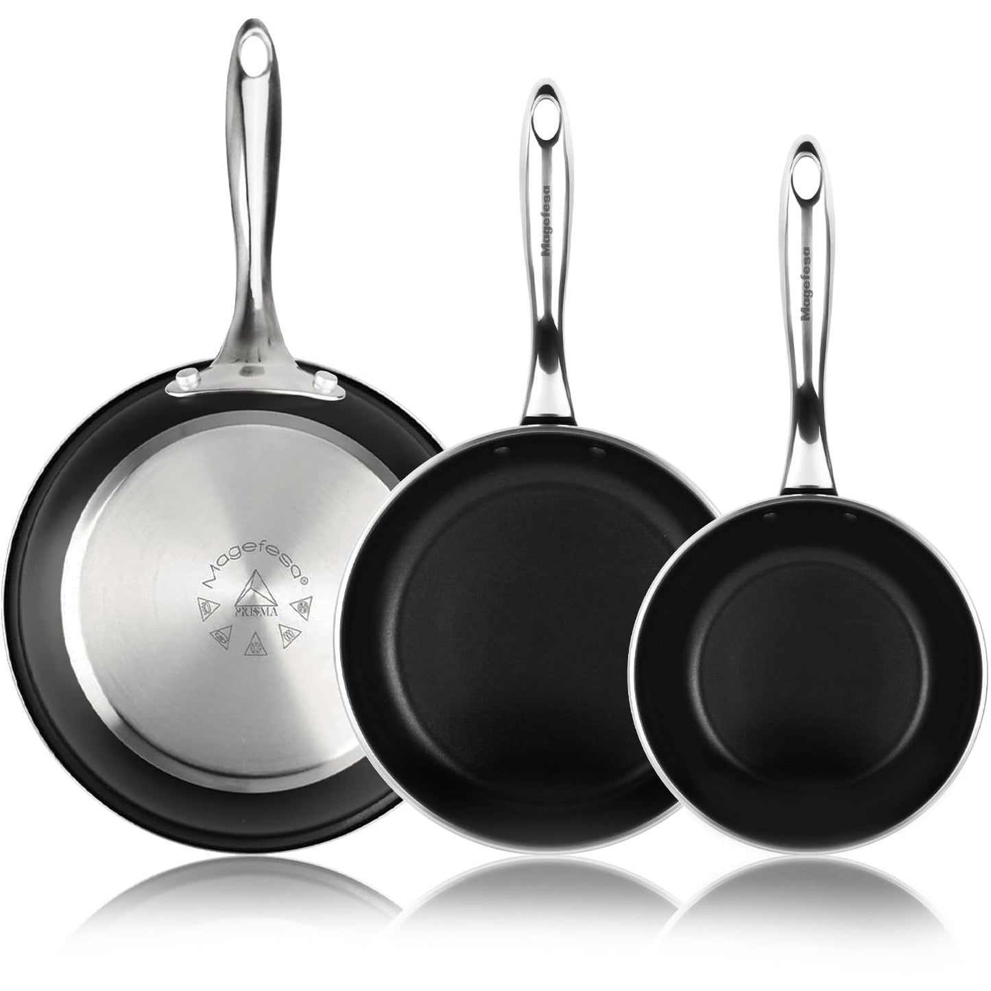 Magefesa Prisma Frying Pan Set, 7.9", 9.4" & 11", 18/10 Stainless Steel, Triple-Layer Nonstick, Works on All Stovetops Including Induction, Oven Safe to 392°F, Dishwasher Safe, Durable Skillets