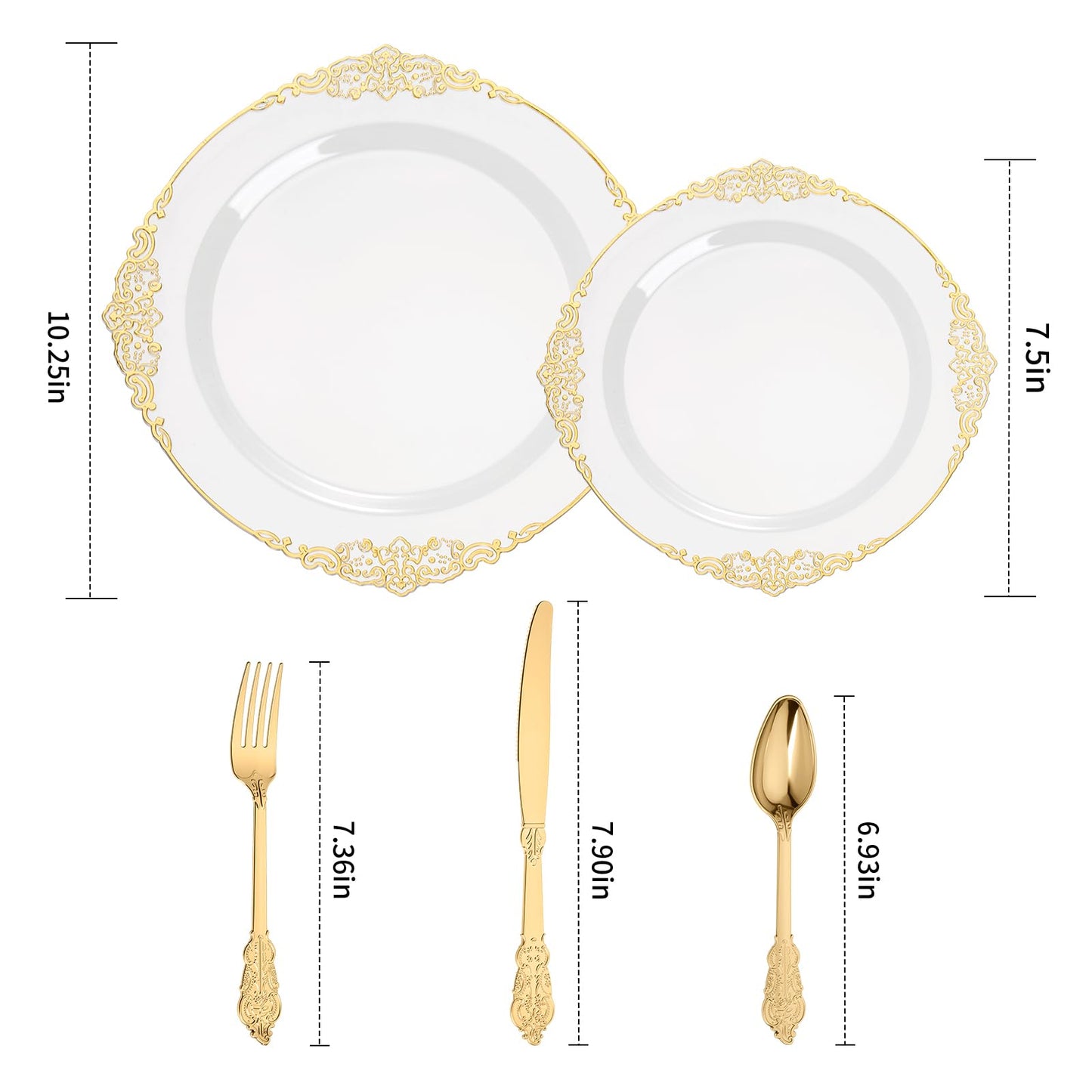 Goodluck 250 PCS Vintage White & Gold Rim Plastic Plates with Cutlery Set - Serves 50 - Heavy Duty Elegant Disposable Dinnerware for Formal Wedding, Catering, Upscale Party