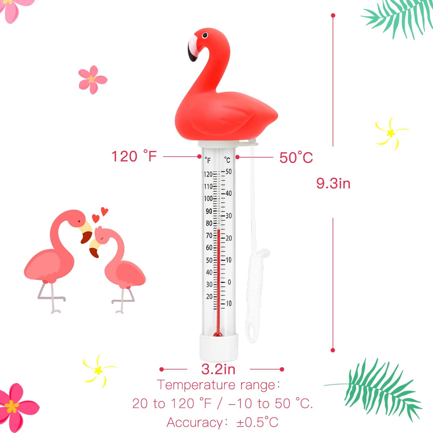 XY-WQ Floating Pool Thermometer, Large Size Easy Read for Water Temperature with String - Swimming Pools, Spas, Hot Tubs, Ponds (Flamingo)