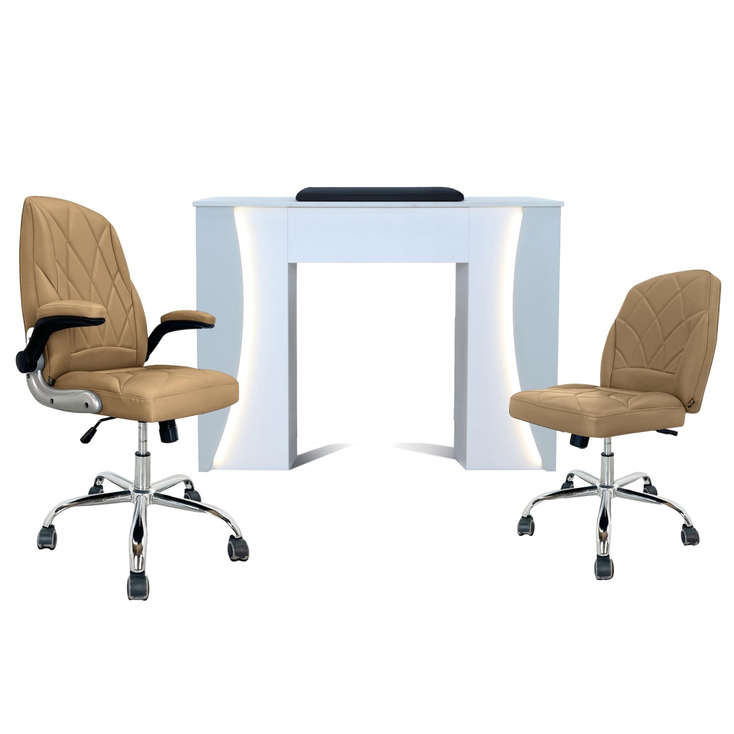 Venus Manicure Table Fan and Chair Set – Modern LED Nail Station Desk with Technician & Customer Chair, Ergonomic Design, Black & White Finish (Grey, Capuchino)