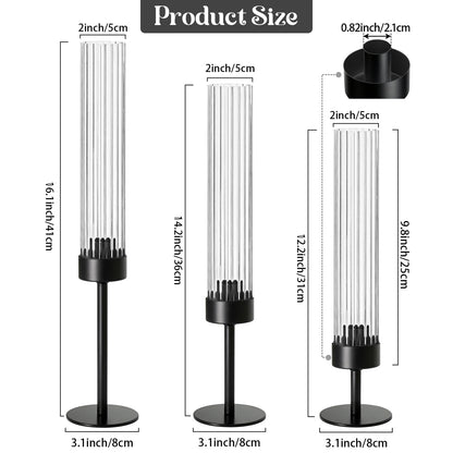 Metal & Acrylic Taper Candle Holders Set of 3 with Ribbed Design - Hurricane Clear Cylinder Candelabra for Wedding, Christmas, Party, Dining Table Centerpiece Decor (Black, Set of 3)
