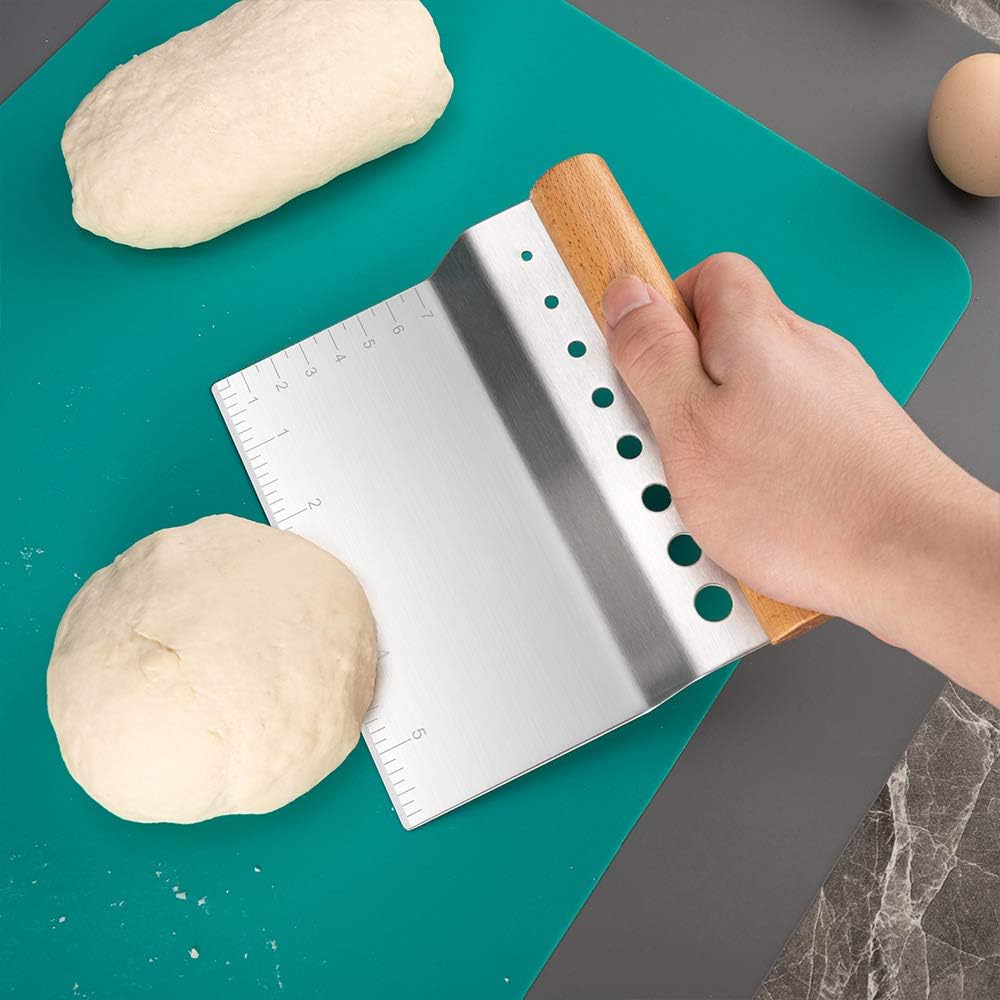 Stainless Steel Pastry Scraper, Dough/Pastry/Bread Cutter with Non-Slip Wood Handle and Herb Stripper 8-hole