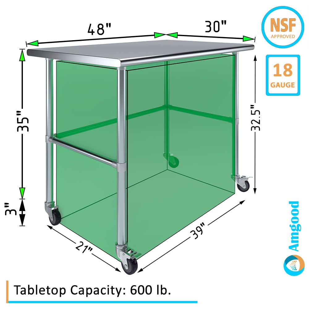 AmGood 30" X 48" Stainless Steel Work Table - with Open Base & Wheels | Food Prep | Utility Work Station | NSF Certified