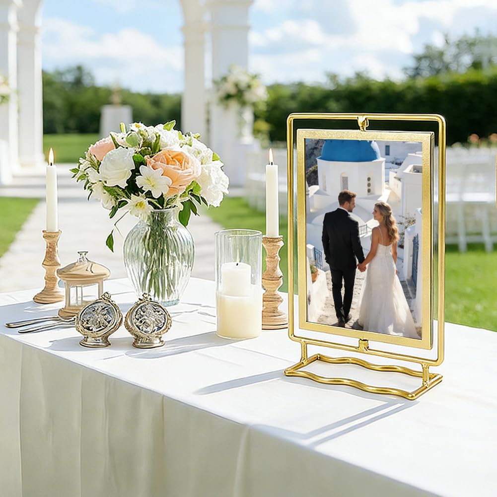 PH PandaHall 2pcs Rotating Photo Frame, Gold Metal Acrylic Picture Frame Double Sided Floating Stand 360° Rotation Photo Display for 4x6in/5x7in Photos Home Office Gift, 2 Sizes
