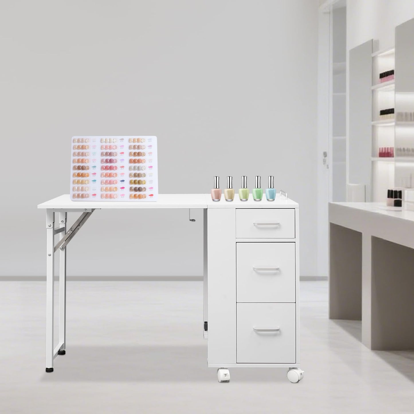 TREMENPOW Foldable Manicure Table, Single Station Nail Desk, Manicure Table with 3 Drawers & Wheels, 220lb Capacity, for Nail Salons, Beauty Spa, Home Office, Writing or Computer Desk