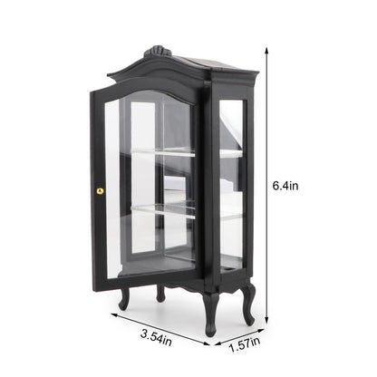 Miniature Furniture Display Shelf 1:12 Wooden Cabinet with Mirror & Three Shelves Bookshelf Dollhouse Display Stand Decoration Accessories Mini Diningroom Scene Ornaments (Black)