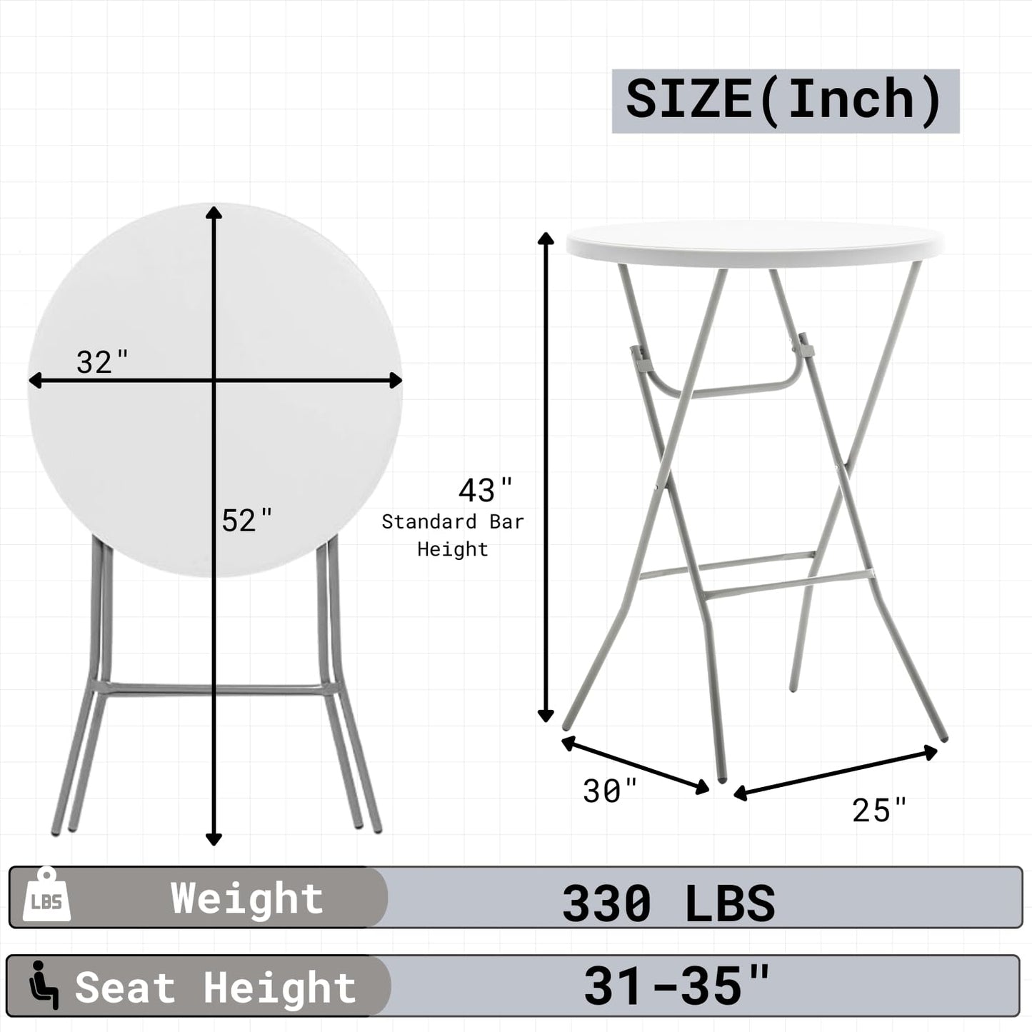 BTEXPERT Set of 5, White 2.63' Round Bar Height Folding Table 330lb Weight Capacity Commercial Indoor Outdoor Portable Banquet Patio Backyard Dining Wedding Party Events Home Thick Top Metal Frame