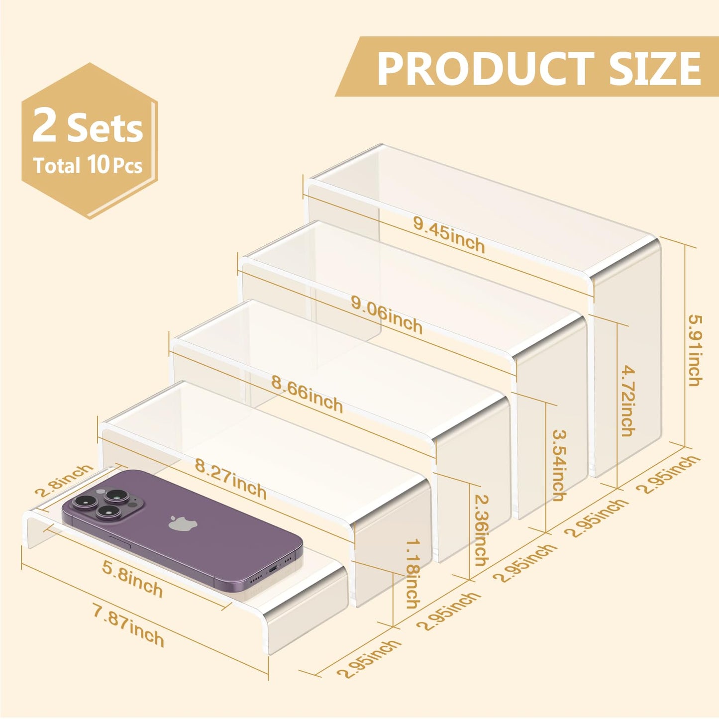 10 Pcs Large Acrylic Display Risers (7" L~9" L), Sturdy Rectangular Dessert Stands, Perfume Shelf Organizer, Clear Riser Stands, Display Shelves for Cupcake, Perfume, Figure, Collection, Decoration.