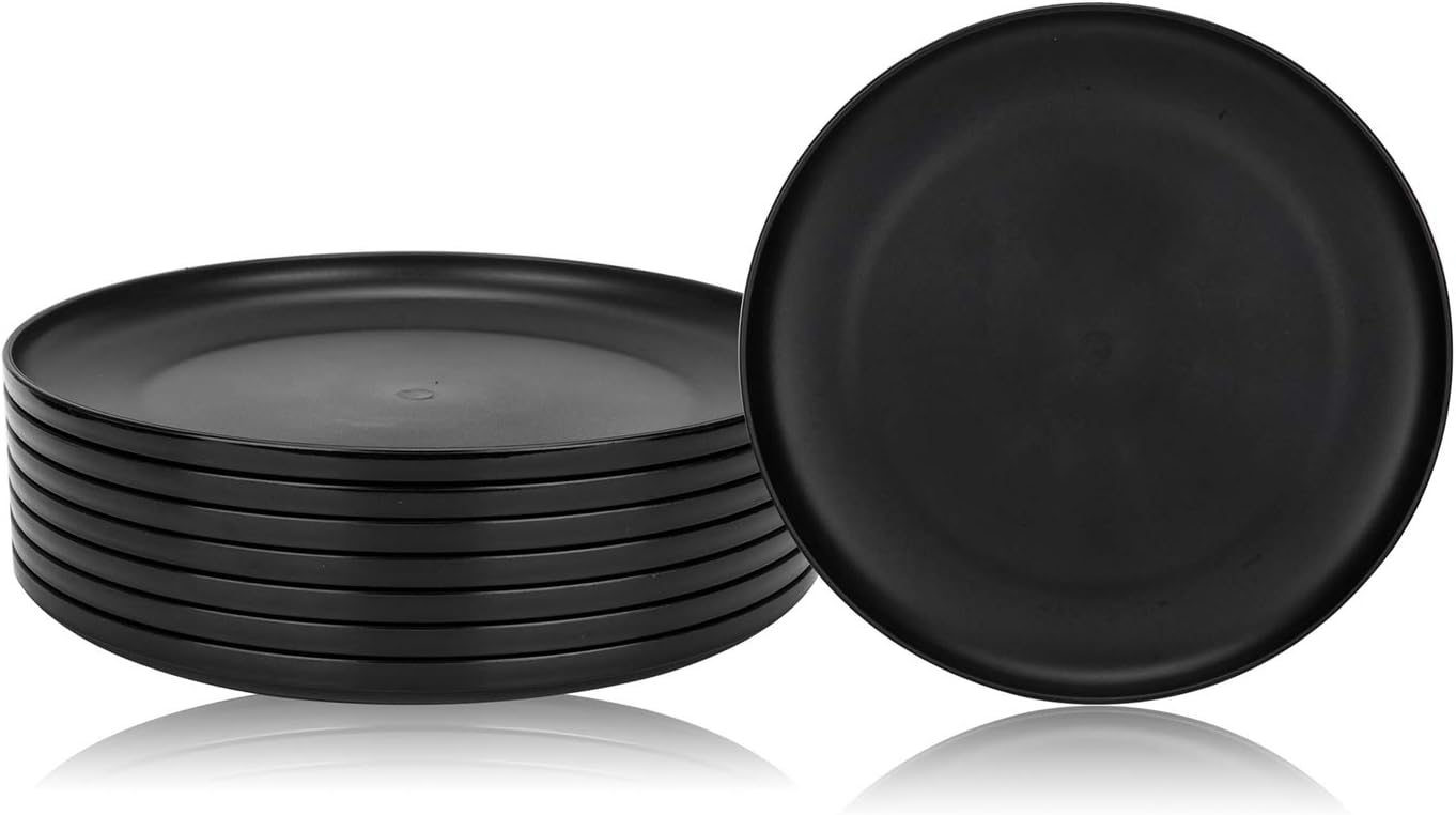 Set of 8 Black Plastic Dinner Plates, 9.75-inch, Microwave/Dishwasher Safe, BPA Free