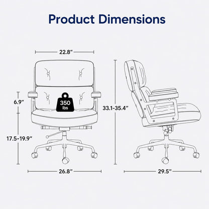 OTDMEL Home Office Chair with Top Grain Leather, Padded Armrests, Mid-Back Upholstered Executive Leather Desk Chair, Aluminum Frame, Adjustable Height, 360 Swivel, Rolling Wheels, 350lbs Capacity