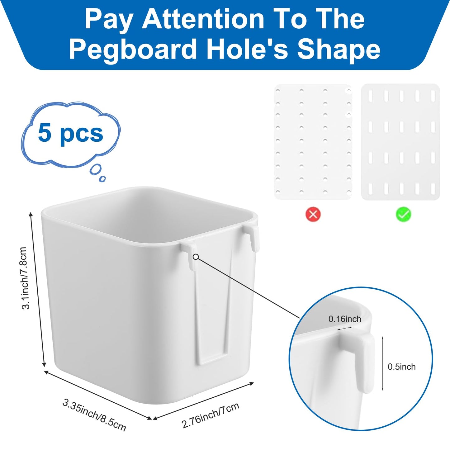 xozeooeu 5 Pcs Pegboard Cups with Hooks, White Peg Board Organizer Bins, 3.35x2.76x3.1 Inch Storage Containers for Garage Workshop Office
