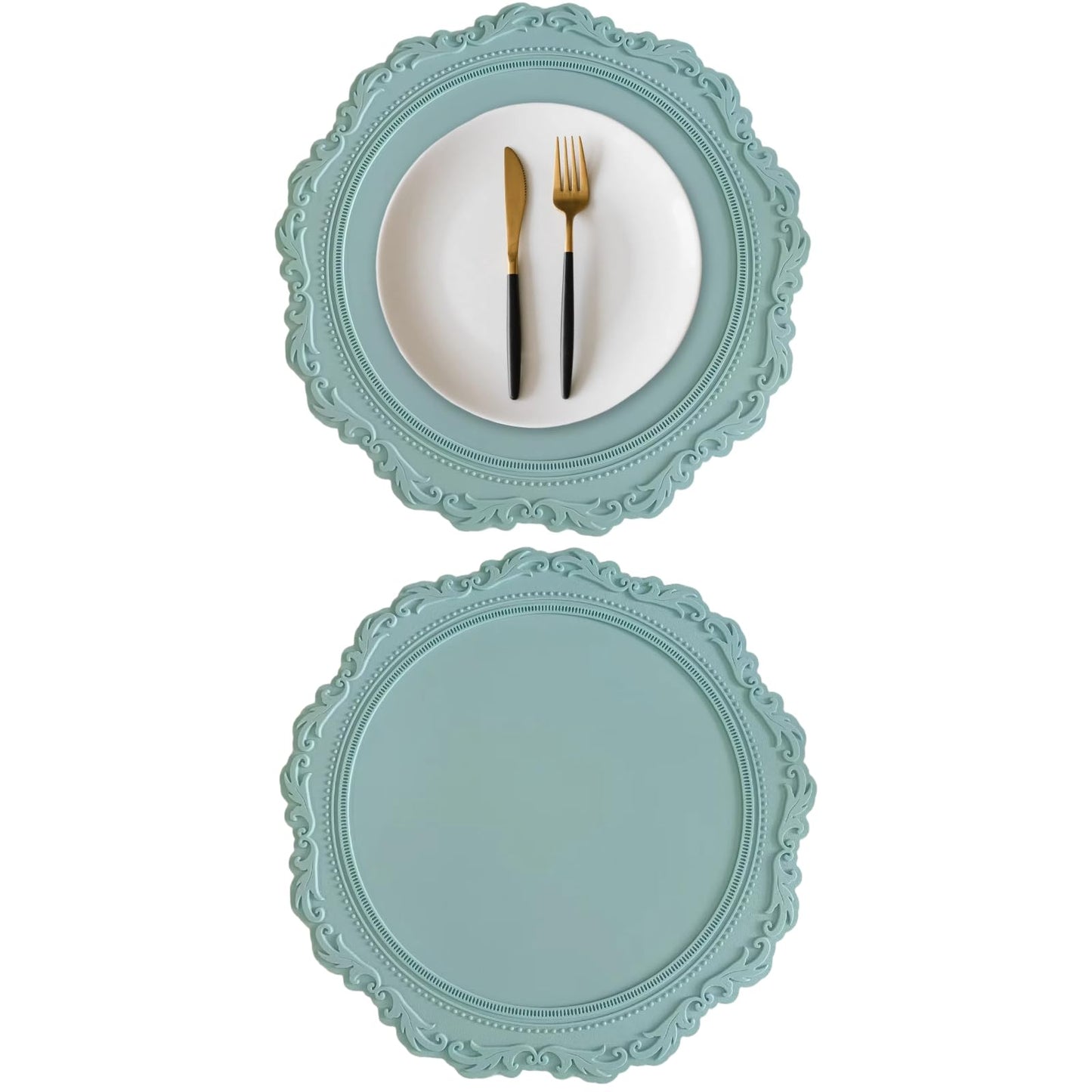 2 Pack Round Silicone Placemats Set, 13.38 Inch Diameter European Style Decorative Table Mats, Heat Resistant Waterproof Non-Slip Easy Clean Dish Mats for Dining Table & Kitchen Counter (Green)