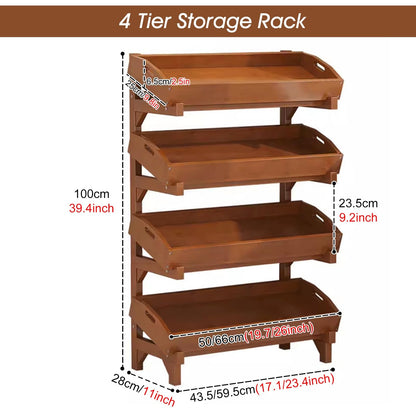 4-Tier Wooden Retail Rack Display Stand, Free Standing Vegetable & Fruit Storage Basket with Guardrail, Detachable Supermarket Snack Shelf for Home, Kitchen & Pantry (26in W)