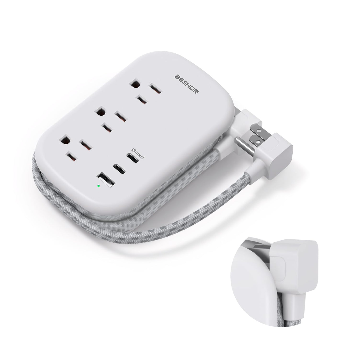 BESHON Flat Plug Power Strip, 3 Outlets with 3 USB Ports(2 USB C), Ultra Flat 3.2ft Wrapped Around Extension Cord for Cruise Ship, Travel, Dorm Room Essentials