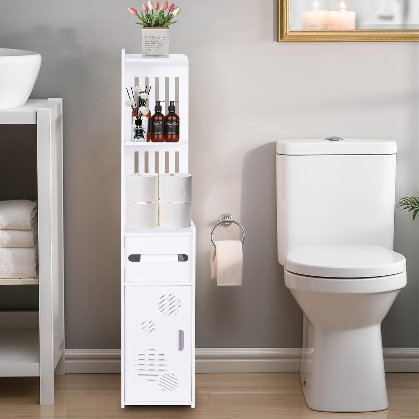 39.37 7.87 7.08 inch ShellKingdom Toilet Paper Holder Stand, Tall & Slim Bathroom Storage Cabinet, Freestanding Corner