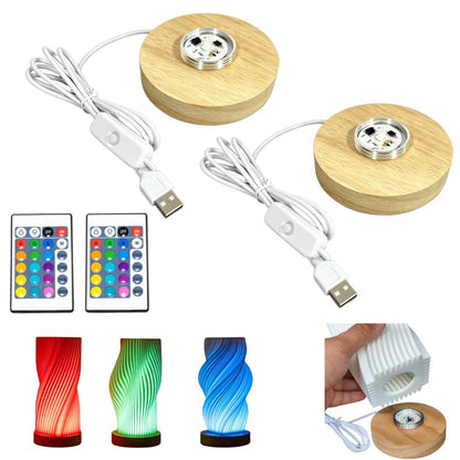 PDClnyck 2pcs LED Wooden Lamp Base Kit with Metal External Thread for Bambu Lab 3D Printed Shade, 5V USB Powered DIY Hardware for MakerWorld Model (White) (RGB Light+Remote)
