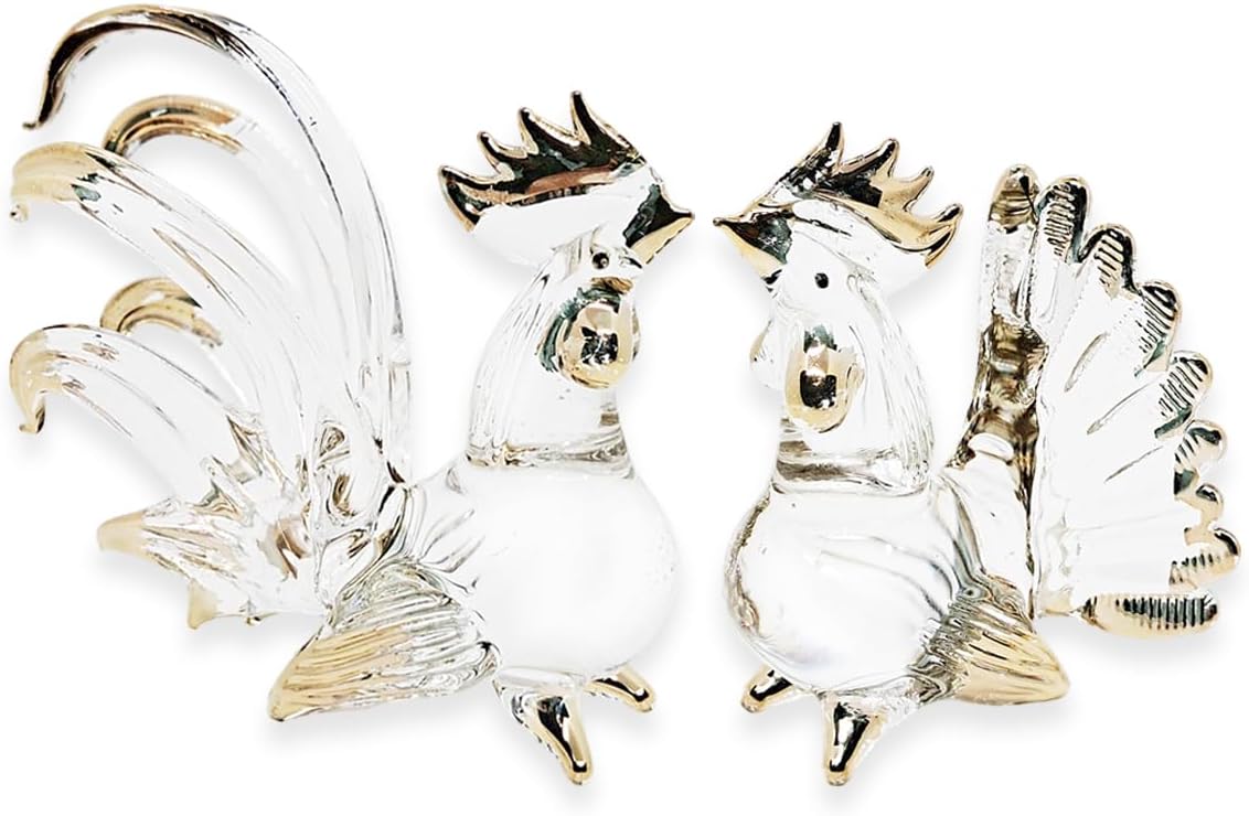 2" 5 Set WitnyStore Tiny Clear Gold Chicken Family Figurine Pieces - Miniature Hand Blown Glass Chickens Hen Rooster