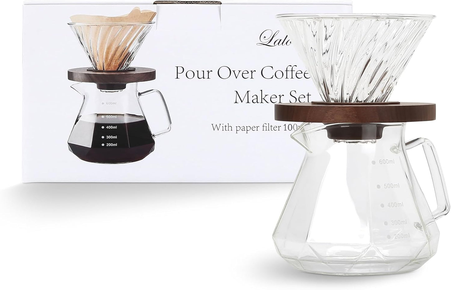 Pour Over Coffee Maker, 20 oz Borosilicate Glass Carafe with 100 pcs V60 Paper Filter, Walnut Handle, Clear