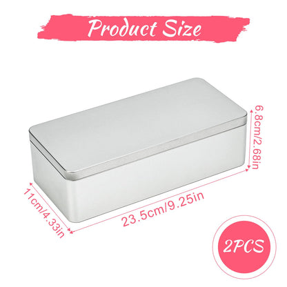 Gasuuo Metal Tin Box, 2 Pcs Empty Tin Boxes with Lids, 9.25"x4.33"x2.68" Small Rectangular Tinplate Containers for Storage, Gift Packaging, Home, Office and Workshop Organization, Silvery