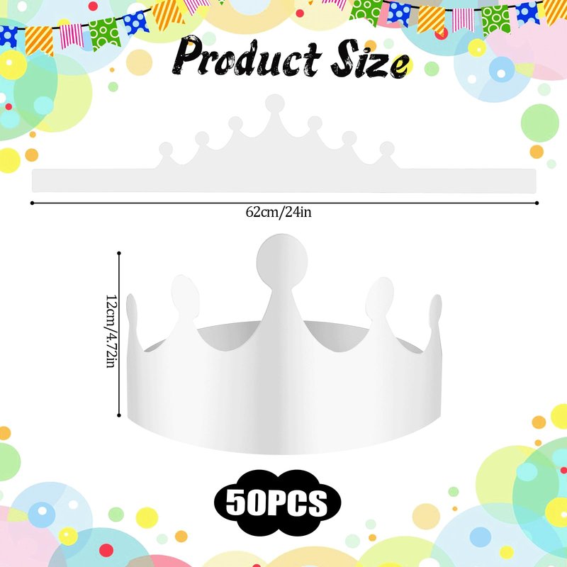 Yuanan 50 Pcs White Paper Crowns Bulk, DIY Blank Birthday Party Crown Classic Style Paper Birthday Crowns for Classroom Party Hats Decorations Baby Shower Supplies (24 x 4.7 in)