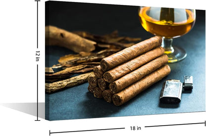 Whiskey Wall Art Cigar Prints with Cigarette Lighter for Living Room, Modern House Decor Framed 12"Wx18"H