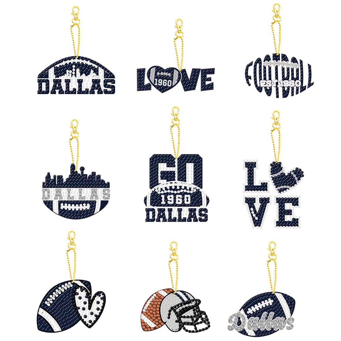 Rertcioph 9 Pcs Football Diamond Painting Kits DIY Double Sided Diamond Art Keychains Hanging Ornament Kits Fans Gift for Dallas Art Craft