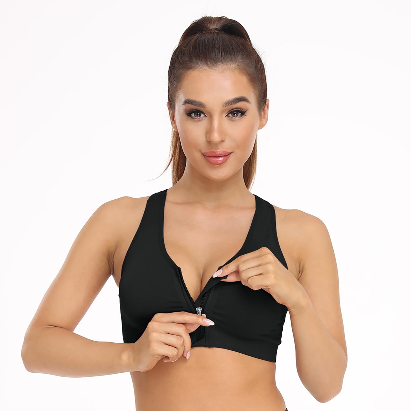 Women's Zip Front Sports Bra - Wireless, Padded, Post-Surgery, Racerback, Workout & Yoga Bra Top 2 Pack