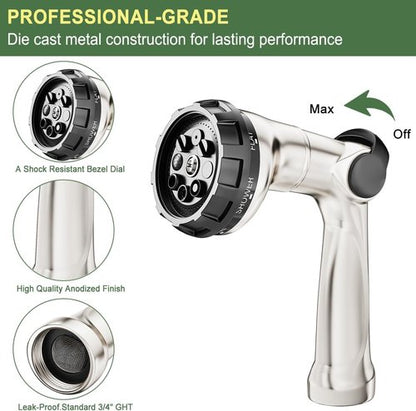 FANHAO Heavy Duty Metal Garden Hose Nozzle - 8 Spray Patterns for High Pressure Watering | Ideal for Lawns & Pets