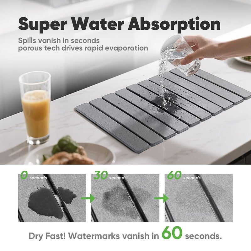 Stone Drying Mat for Kitchen Counter, Quick Diatomaceous Earth Mats for Dishes, 24"L x 16" W Super Absorbent Fast-Drying Collapsible Countertop Stone Mat (Light Grey, 24" x 16")