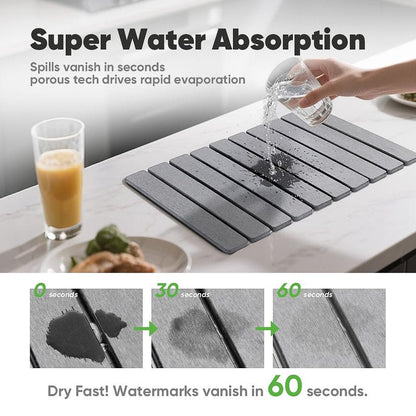 Stone Drying Mat for Kitchen Counter, Quick Diatomaceous Earth Mats for Dishes, 24"L x 16" W Super Absorbent Fast-Drying Collapsible Countertop Stone Mat (Light Grey, 24" x 16")