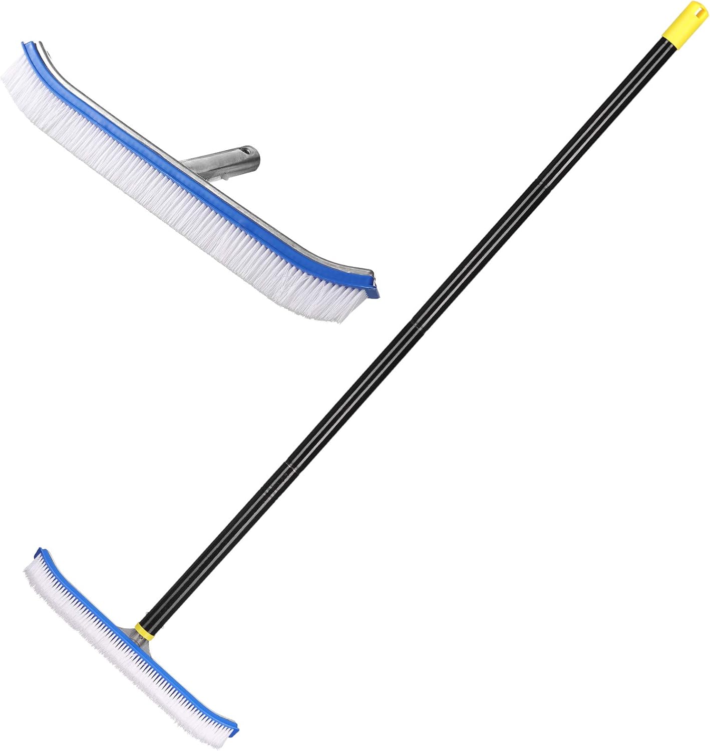 FLY HAWK Pole,4 Pool Brush with FT Polished Aluminum Back Pool Scrub Brush Head Designed for Cleans Walls, Tiles