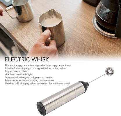 Powerful Handheld Milk Frother - Lightweight Electric Whisk with 2 Mixing Heads, Battery Operated Stainless Steel Mixer