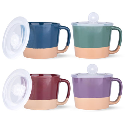 AmorArc 24 Ounces Soup Bowls with Large Handles and Lids, Stoneware Bowls for Soup, Cereal, Stew, Noodle, Colourful Ceramic Kitchen Bowls, Microwave & Dishwasher Safe (Multi-Color, Set of 2)