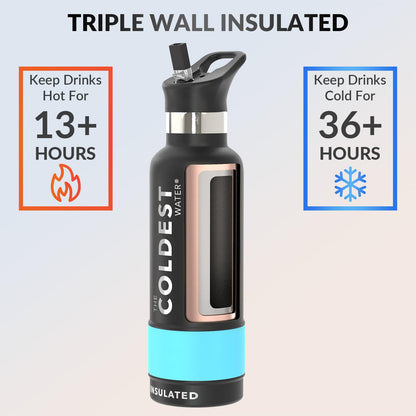 Coldest Insulated Water Bottle with Straw Lid - Stainless Steel Metal Insulated Bottle for Men & Women (Matte Black, 21 oz)