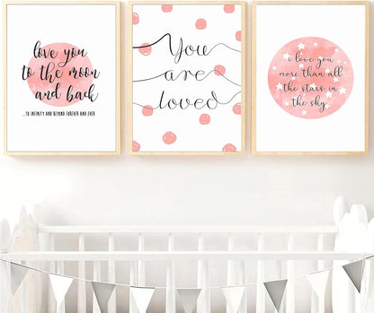 PUYIQARE (16x24inchx3 I Love You To The Moon And Back Wall Art prints Pictures Pink Moon Posters Canvas Painting