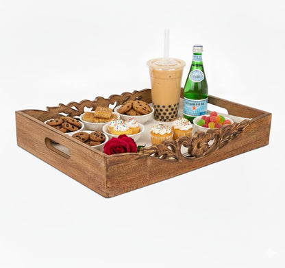 16x12x2.5 Countertop Mela Artisans Orchid Design Wooden Decorative Tray with Handles | Mango Wood Ottoman Tray |