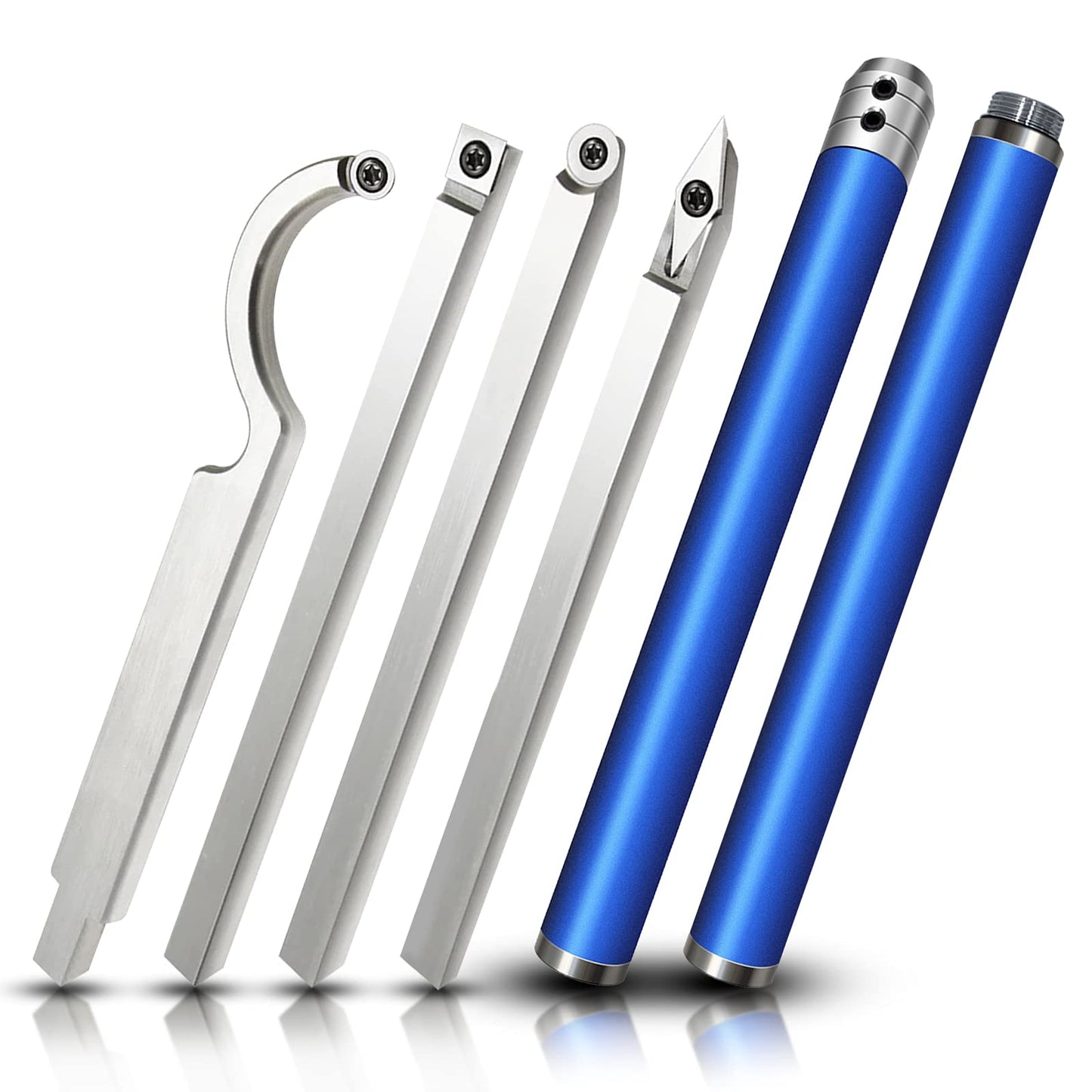Carbide Tipped Wood Turning Tools Set, Lathe Rougher Finisher Swan Neck Hollowing Tools and Interchangeable Aluminum Alloy Grip Handle with Diamond Round Square Carbide Inserts